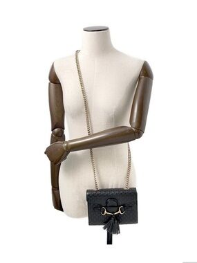 Gucci Black Embossed Leather Tassel Chain Crossbody